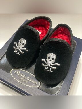 Ralph Lauren Baby Boy Shoes 3-6 Months Size 2 Black Velvet Skull Bon Pirate